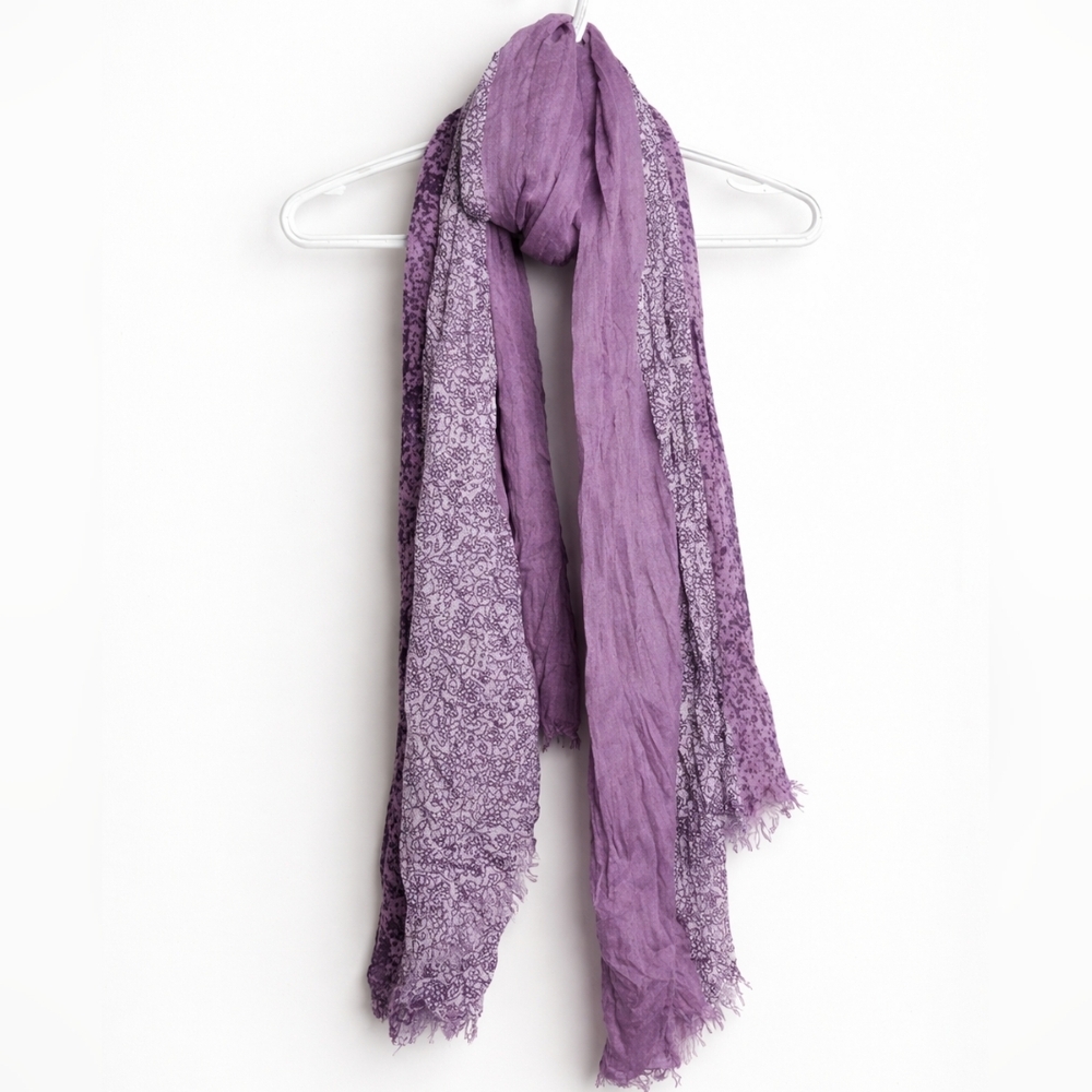 Cream Soda Purple Lightweight Floral Scarf Frayed Trim Boho Layered Wrap